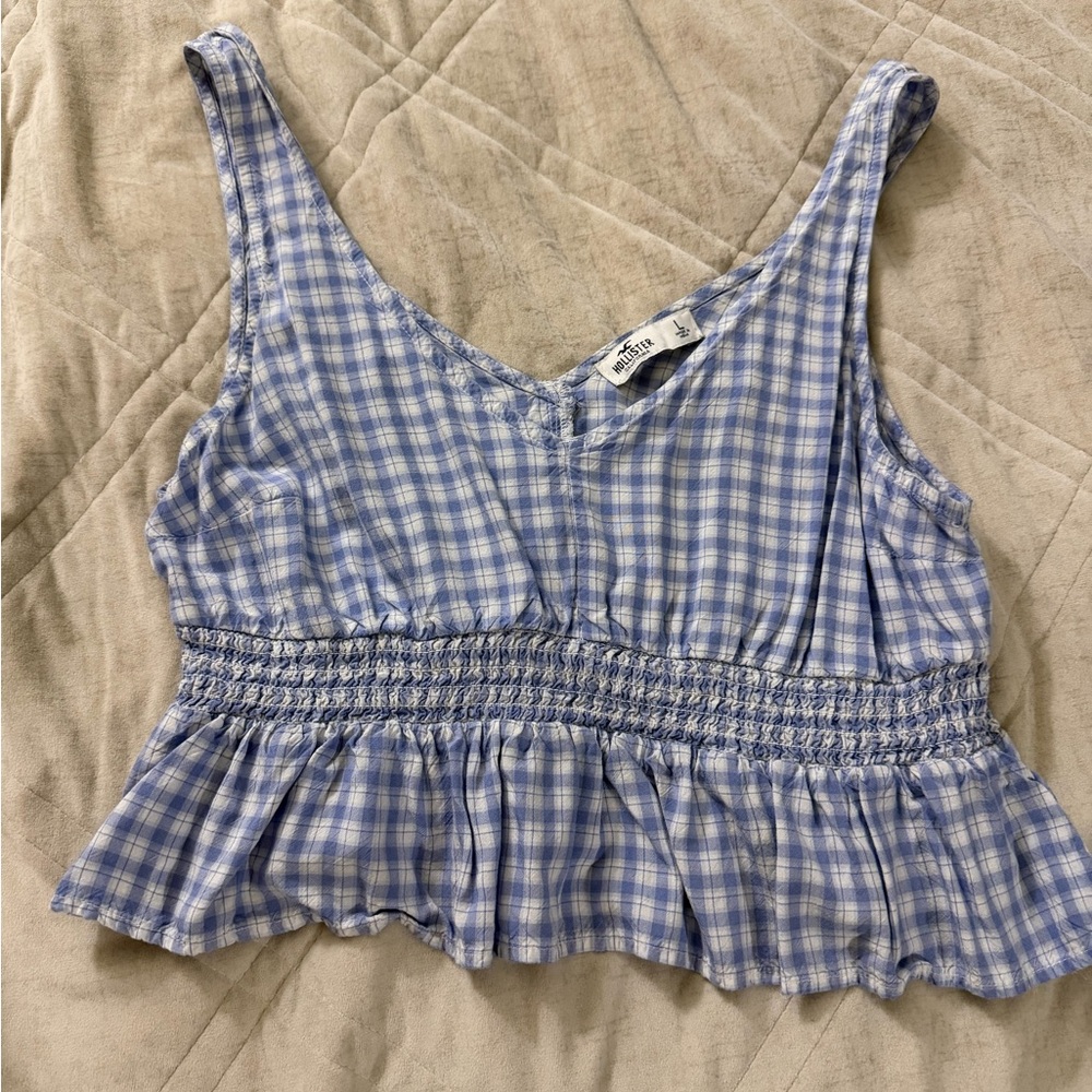Hollister Light Blue Gingham Smocked Crop Top